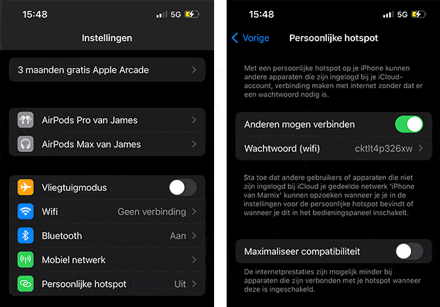 Screenshot van instellingen persoonlijke hotspot