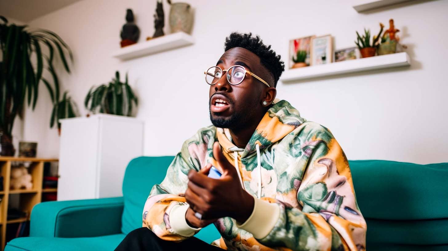 Man op groene bank die tv kijkt