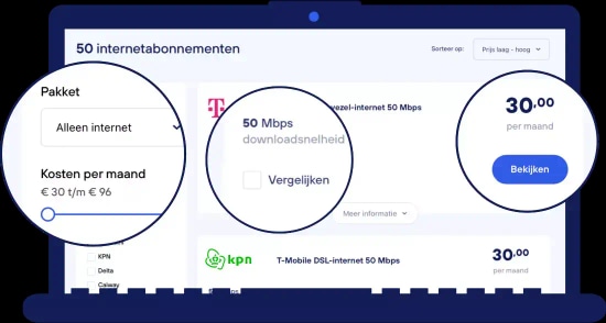 Screenshot van de internetvergelijker met abonnementen