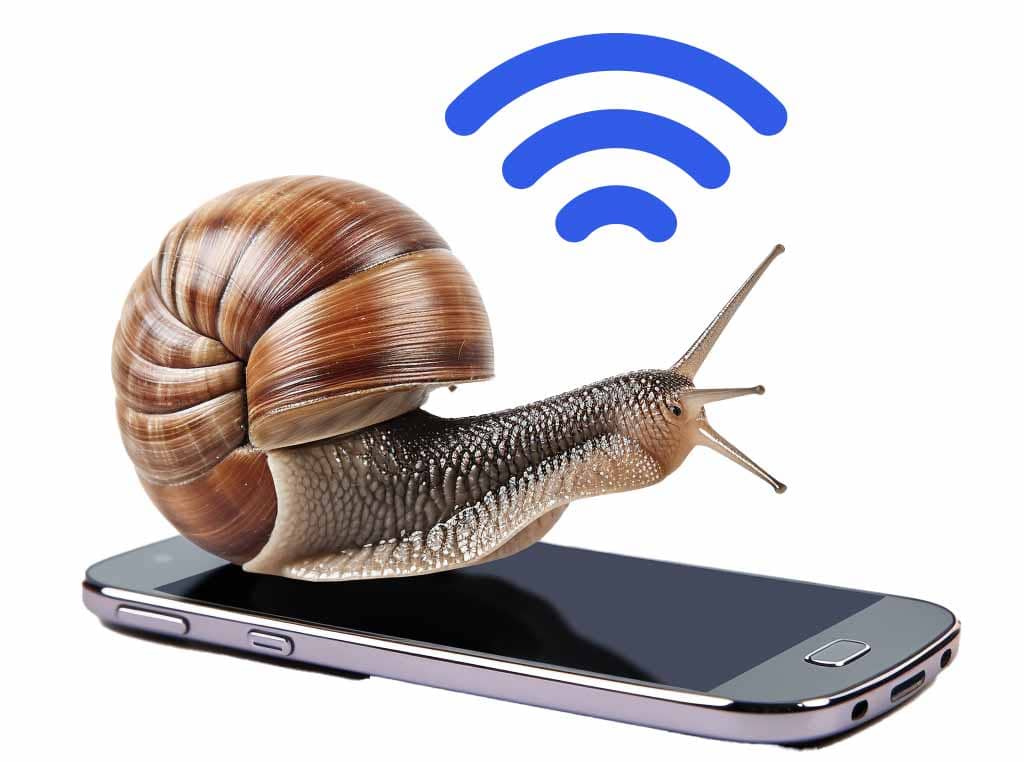 Trage slak op een smartphone met een wifi symbool