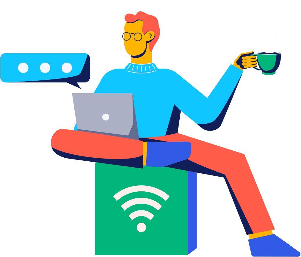 Persoon zit op een box met wifi met een laptop